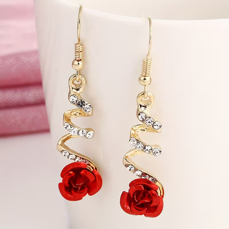 1 Pair Women's Elegant Rose Earrings with Red Floral Design
