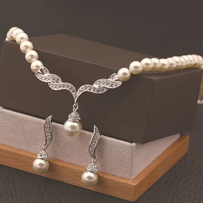3pcs Bridal Faux Pearl Necklace and Earring Set