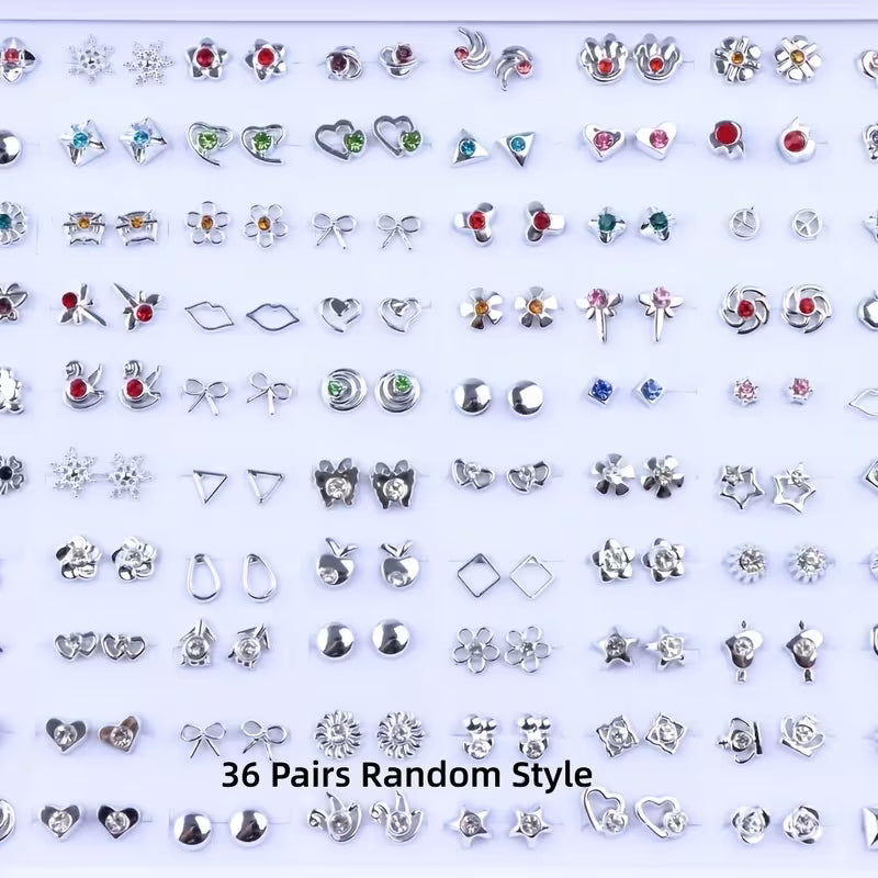 36Pairs/Lot Random Style Fashion Rhinestone Geometric Small Stud Earrings for Women