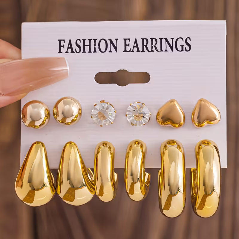 6 Pairs Handmade Crystal Heart Pearl Earrings, Exaggerated C-Shaped Resin Metal Earring Set Combination