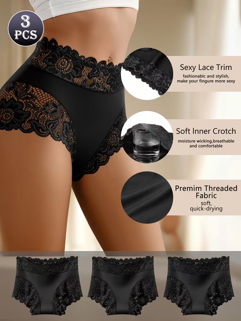3pcs Set of Solid High-Waist Lace Panel Women'S Underwear