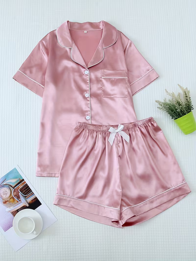 Women's Satin Button-Up Top and Shorts Pajama Loungewear Set