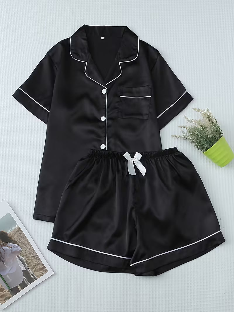 Women's Satin Button-Up Top and Shorts Pajama Loungewear Set