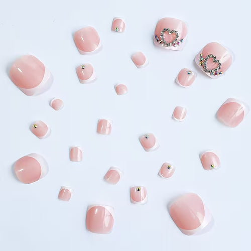 24pcs French-Style Rhinestone Heart press on toe nails