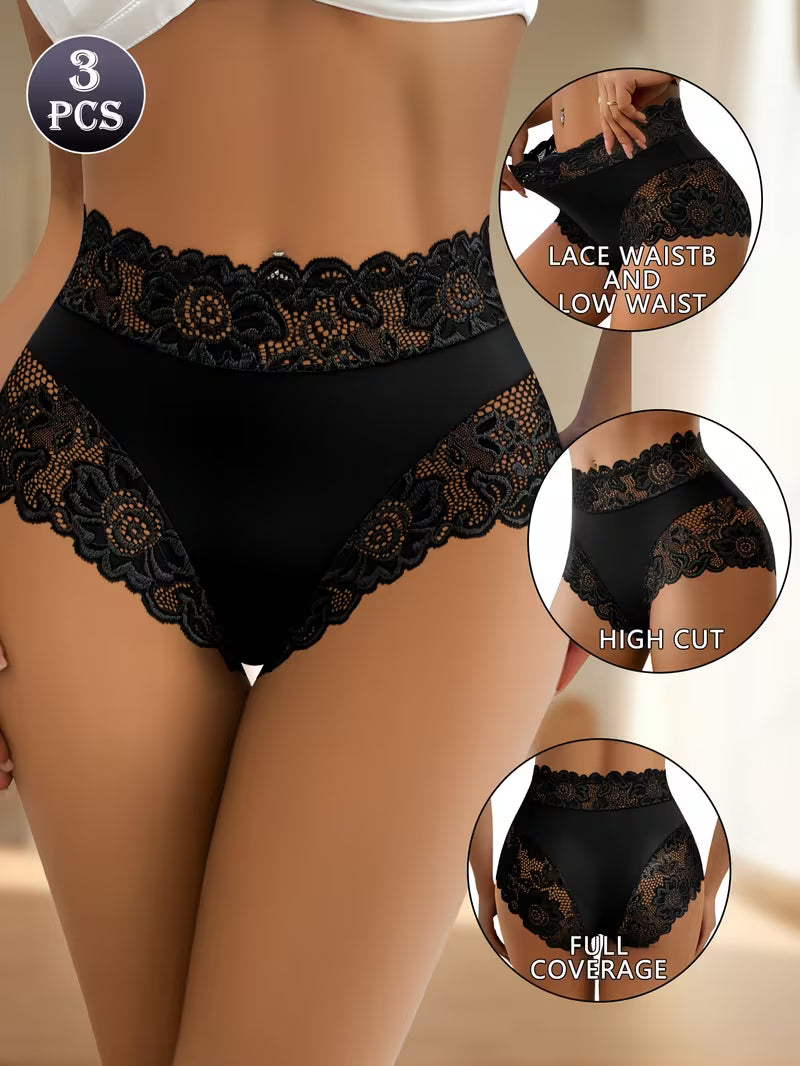3pcs Set of Solid High-Waist Lace Panel Women'S Underwear