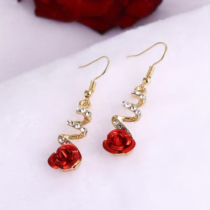 1 Pair Women's Elegant Rose Earrings with Red Floral Design