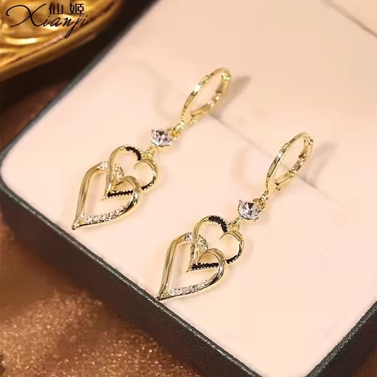 Double-Layer Golden Heart Earrings